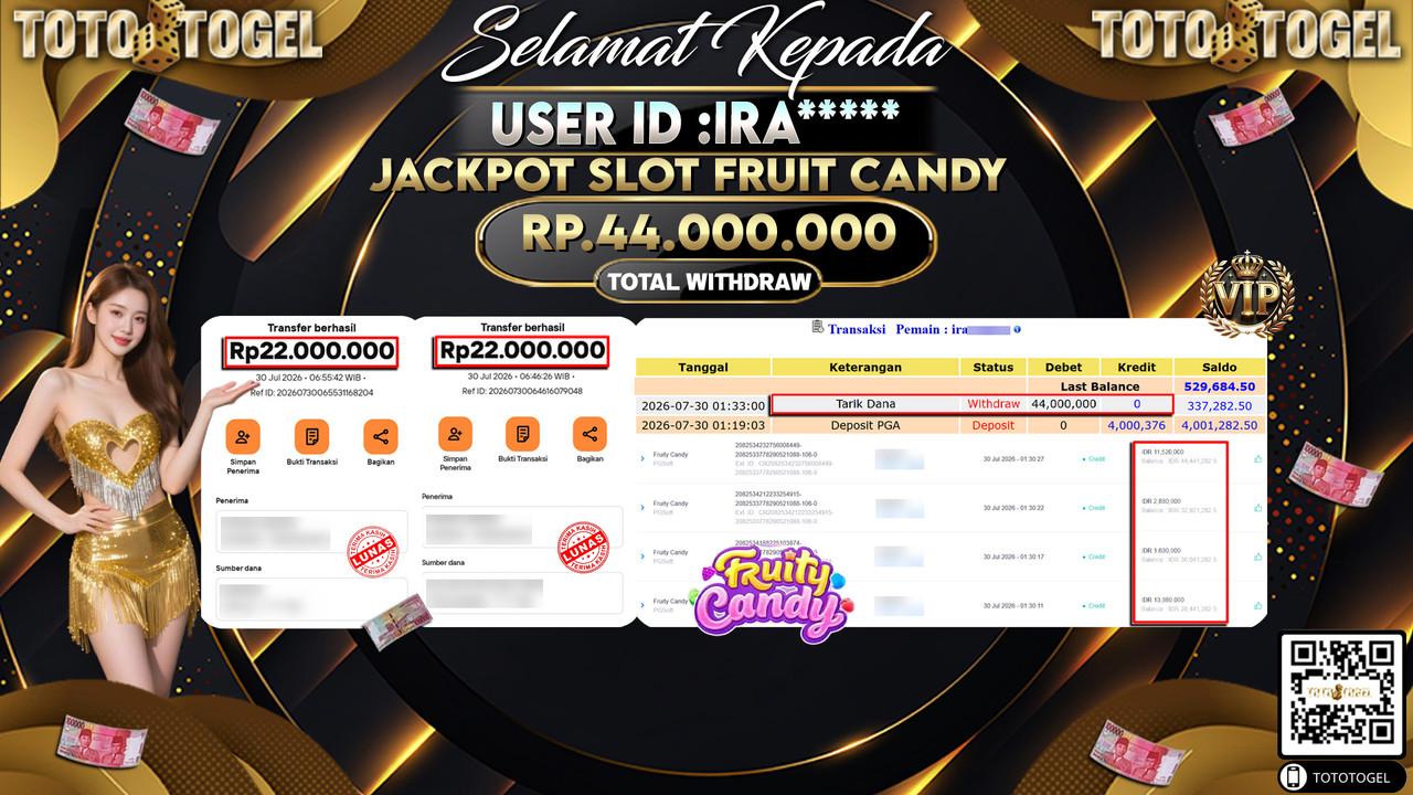 Bukti Pembayaran Jackpot SLOT FRUIT CANDY  ID:IRA**** LUNAS