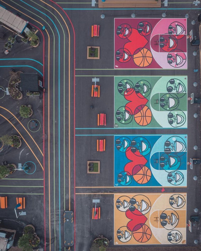 Monroe Street Midway four Smile-designed courts aerial Detroit