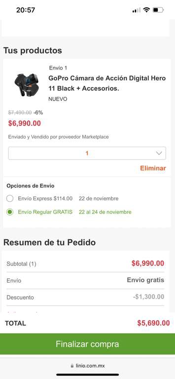 Linio: GoPro HERO 11 bundle con PAYPAL (memoria+baterias enduro+tripie) 
