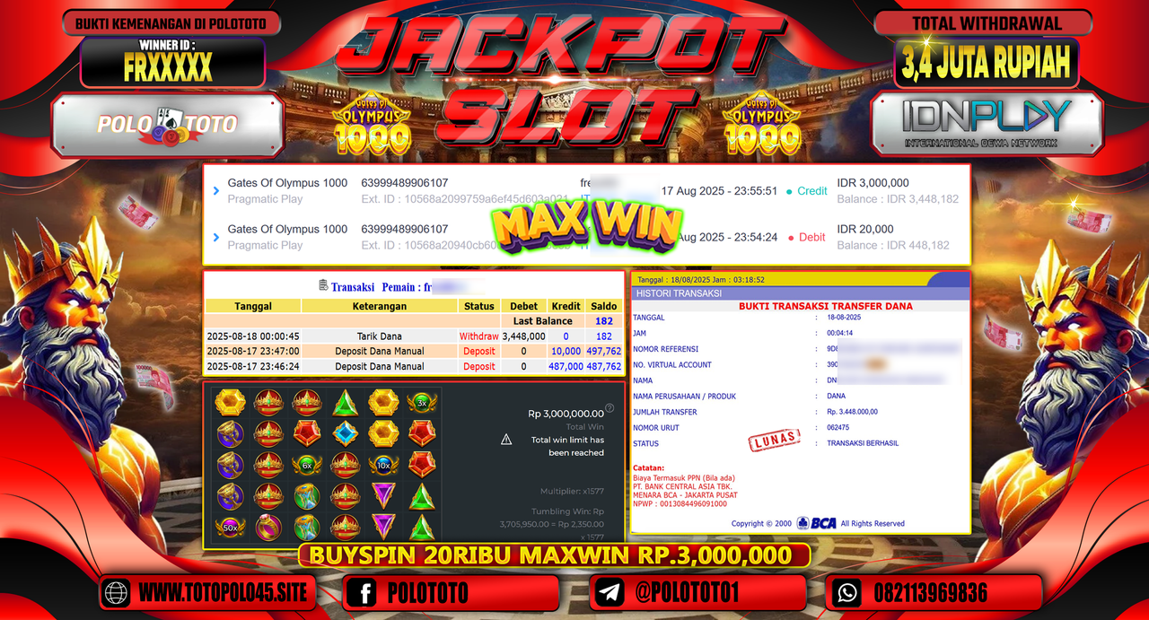 POLOTOTO JACKPOT SLOT GATES OF OLYMPUS 1000 Rp.3.448.000,-