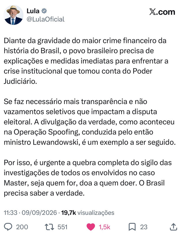 Post de Lula no X