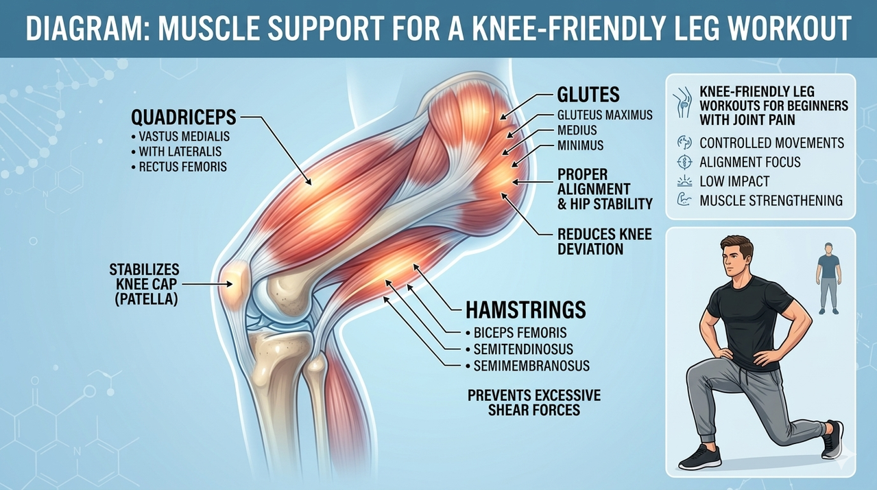 Diagram showing quadriceps, hamstrings, and glutes supporting knee joint for knee-friendly leg workouts for beginners with joint pain