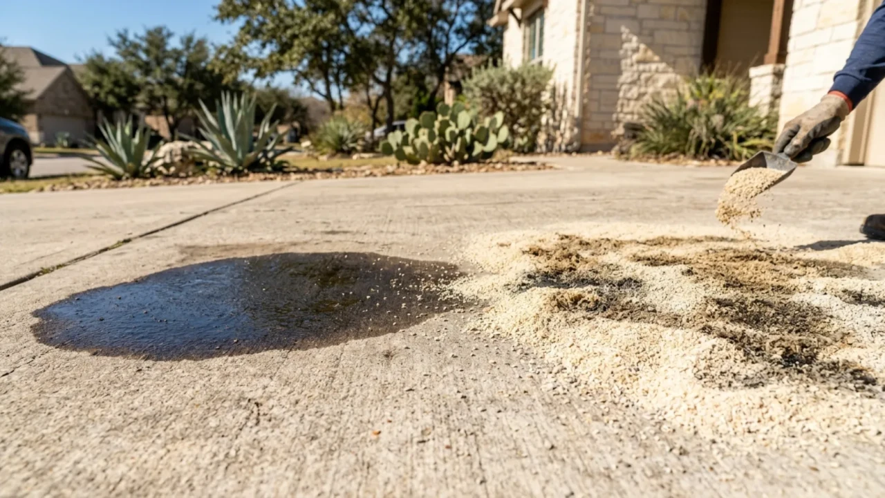 Removing oil stain from stained concrete driveway in San Antonio with absorbent material