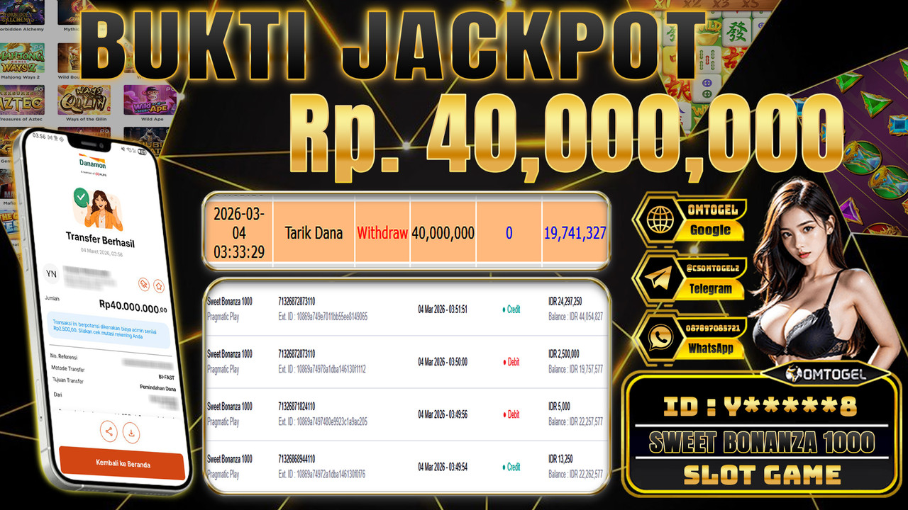 OMTOGEL JACKPOT PRAGMATIC PLAY SWEET BONANZA 1000, 40 JUTA DI BAYAR LUNAS ,-