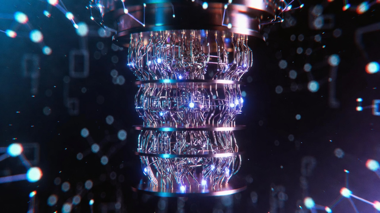 Abstract visualization of a quantum processor with glowing qubits representing superposition and entanglement