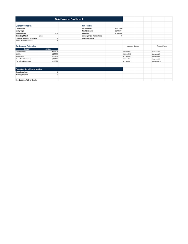 Sample DnA Financial bookkeeping dashboard