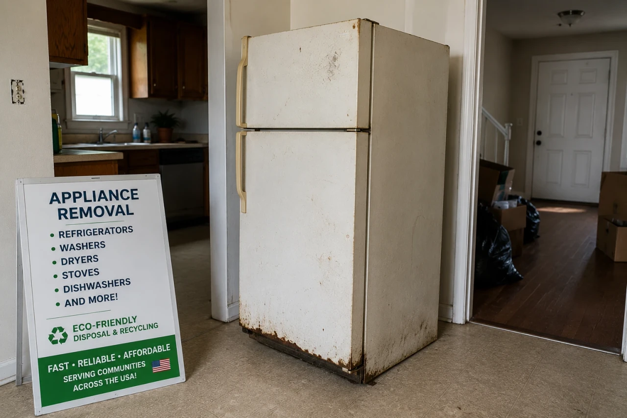 Old refrigerator ready for appliance removal during a home cleanout in the United States
