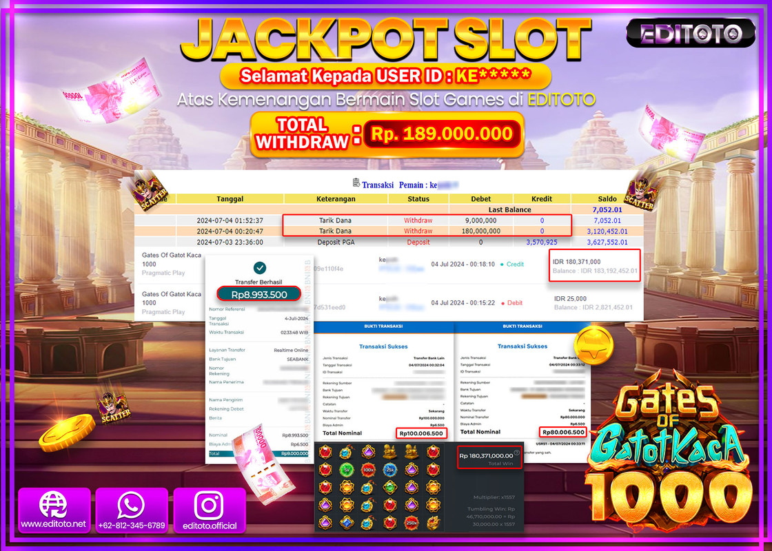 JACKPOT  SLOT EDITOTO GATES OF GATOT KACA 1000 Rp.189.000.000.,- LUNAS