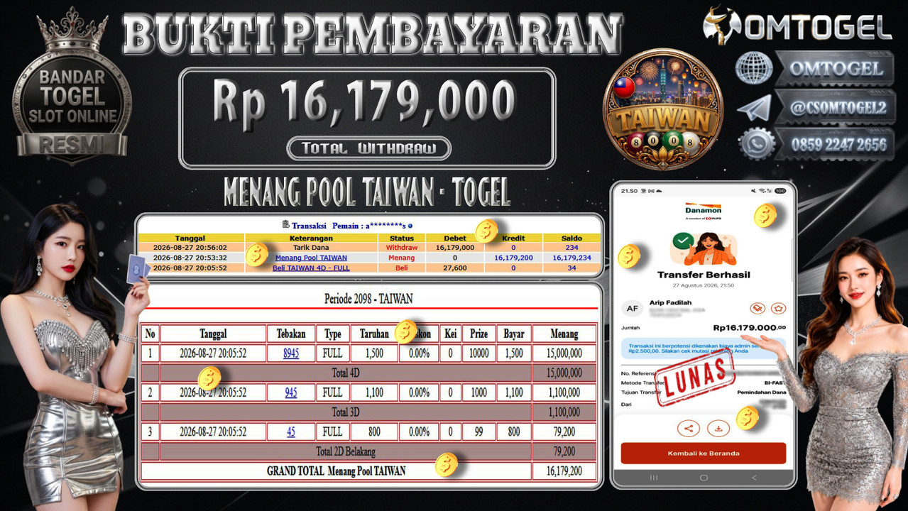 OMTOGEL JACKPOT TOGEL TAIWAN Rp,16,179,000,- DIBAYAR LUNAS