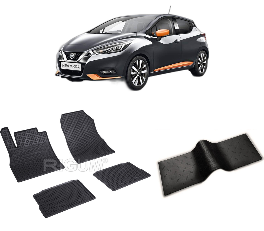 Set covorase auto NISSAN MICRA K14 din 03.2017-PREZENT, cu covoras tunel median, CAROSERIE HATCHBACK, Presuri cauciuc 100%, compatibil cu autoturismul NISSAN MICRA K14, Rigum