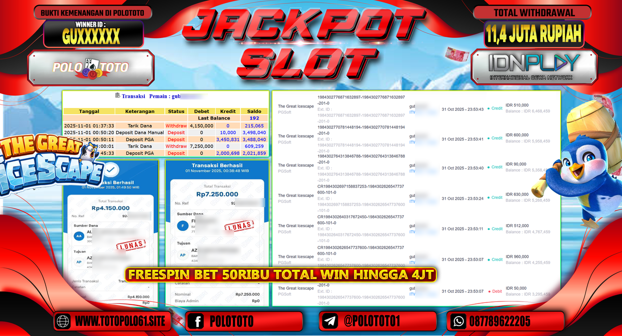 POLOTOTO JACKPOT SLOT THE GREAT ICESCAPE Rp.11.400.000,- LUNAS