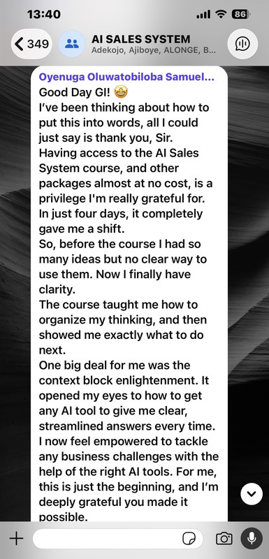 Original AI Sales System testimonial from Oyenuga Oluwatobiloba