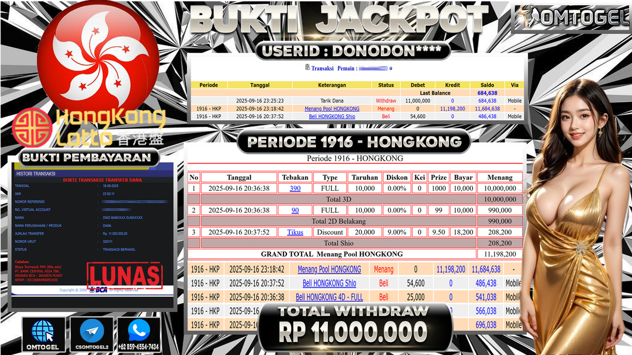 OMTOGEL JACKPOT HONGKONG 3D 2D 11 JUTA DI BAYAR LUNAS ,-