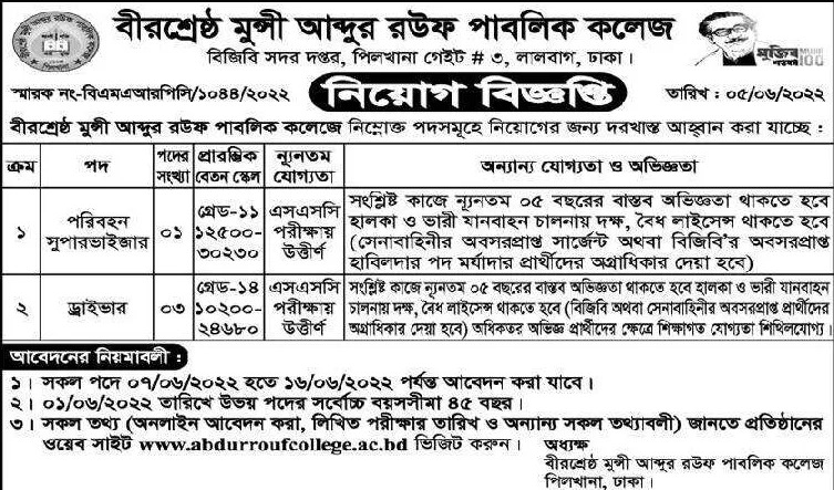 Birshreshtha Munshi Abdur Rouf Public College Job Circular 2022