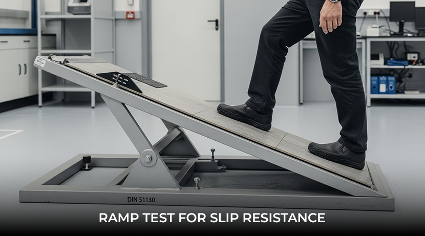 Shod ramp slip resistance test (DIN 51130) showing a person walking on an oily inclined ramp to measure R-rating