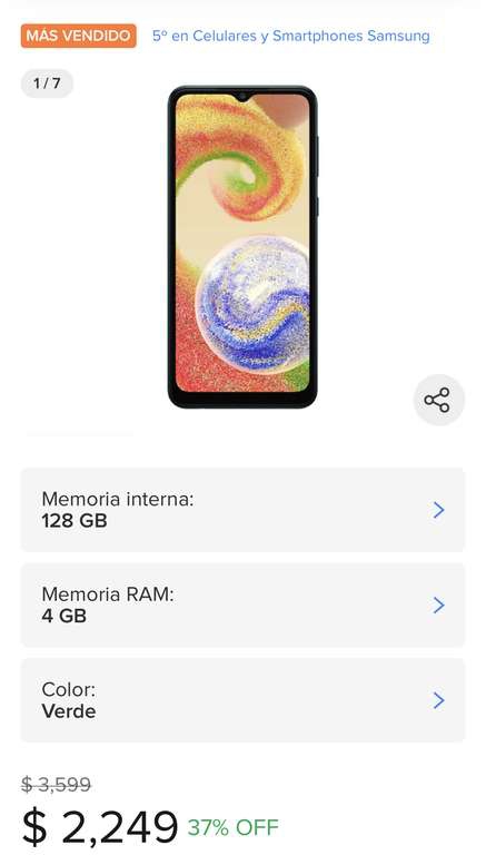Mercado Libre: Samsung Galaxy A04 Dual SIM 128 GB verde 4 GB RAM 
