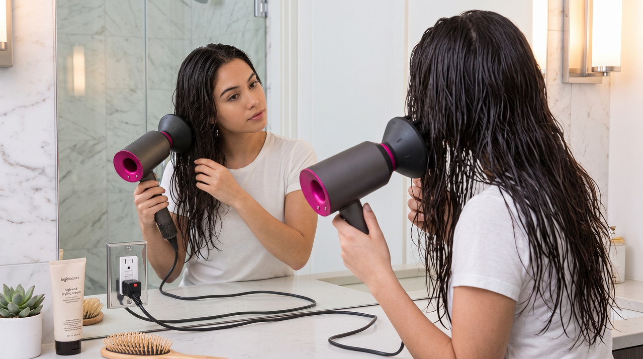 Mujer con cabello radiante usando secador Westinghouse