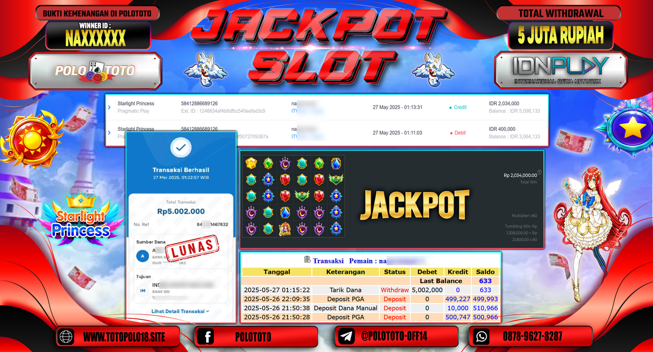 POLOTOTO JACKPOT SLOT STARLIGHT PRINCESS Rp.5.002.000,-
