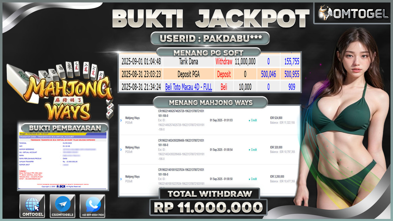 OMTOGEL JACKPOT PGSOFT MAHJONG WAYS 11 JUTA DI BAYAR LUNAS ,-