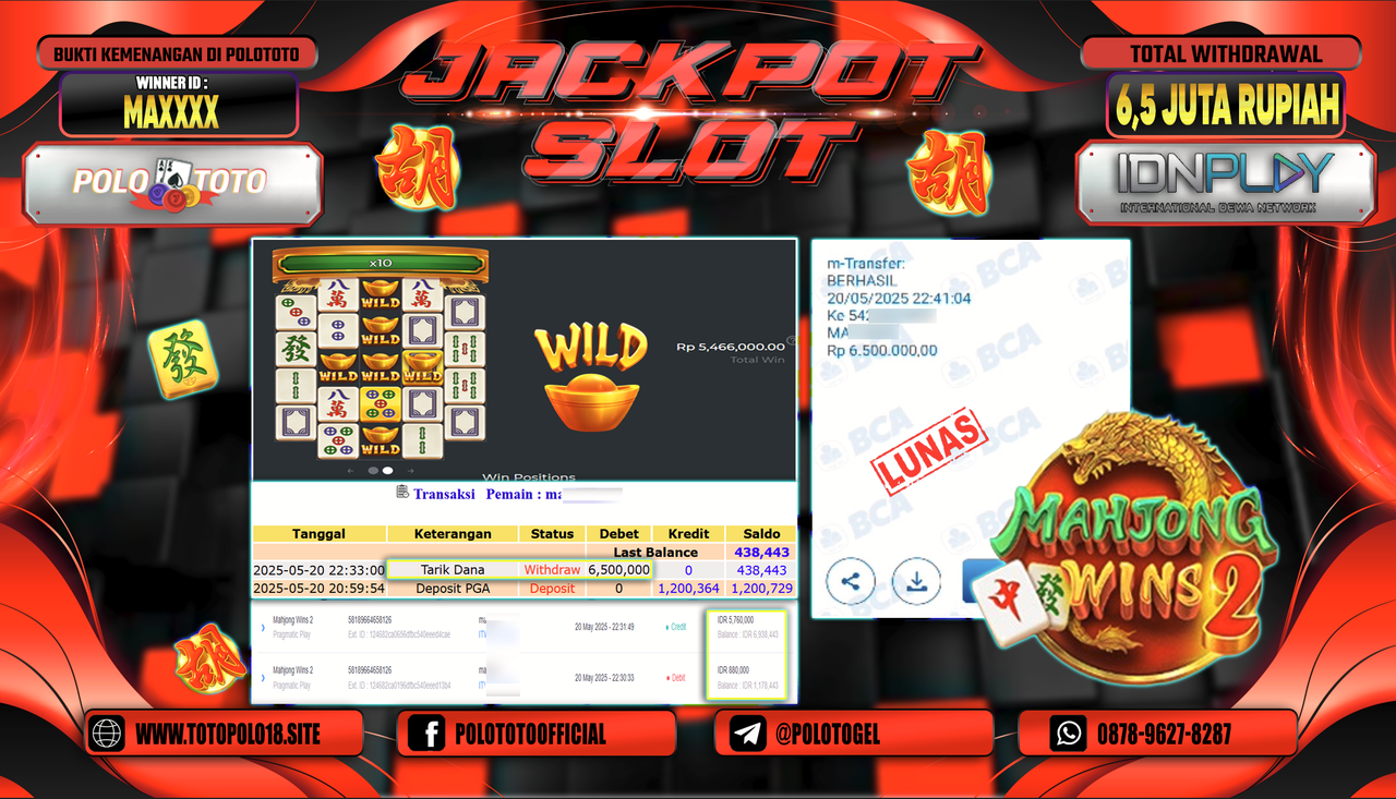 POLOTOTO JACKPOT SLOT MAHJONG WINS 2 Rp.6.500.000,-