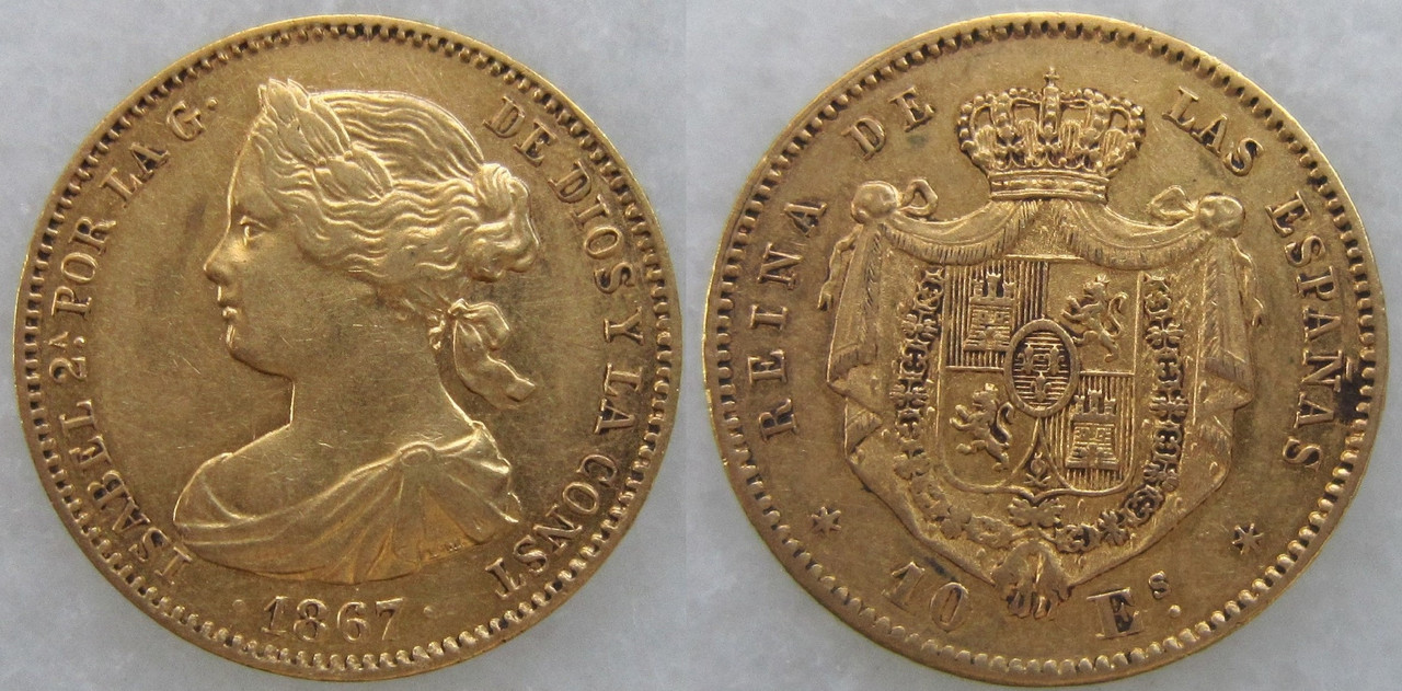 10 Escudos 1867. Isabel II. Madrid. 10-escudos-Isabel-II-Madrid-1867