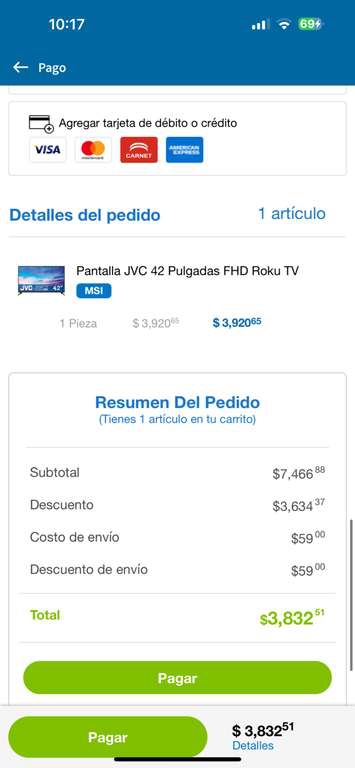 Sam’s club: Pantalla JVC 42” Roku FHD (Débito) 
