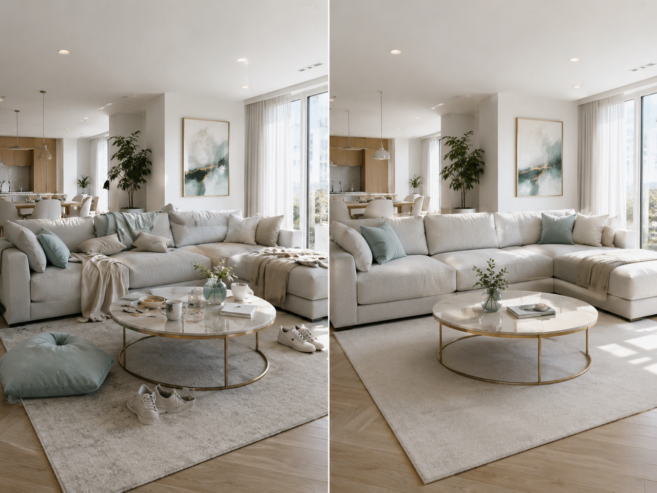 Before and after living room cleaning