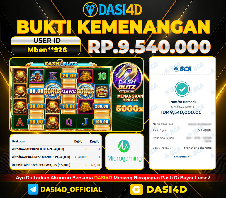 BUKTI KEMENANGAN 22 AGUSTUS 2025 DICASHBLITZ WD RP. 9.540.000
