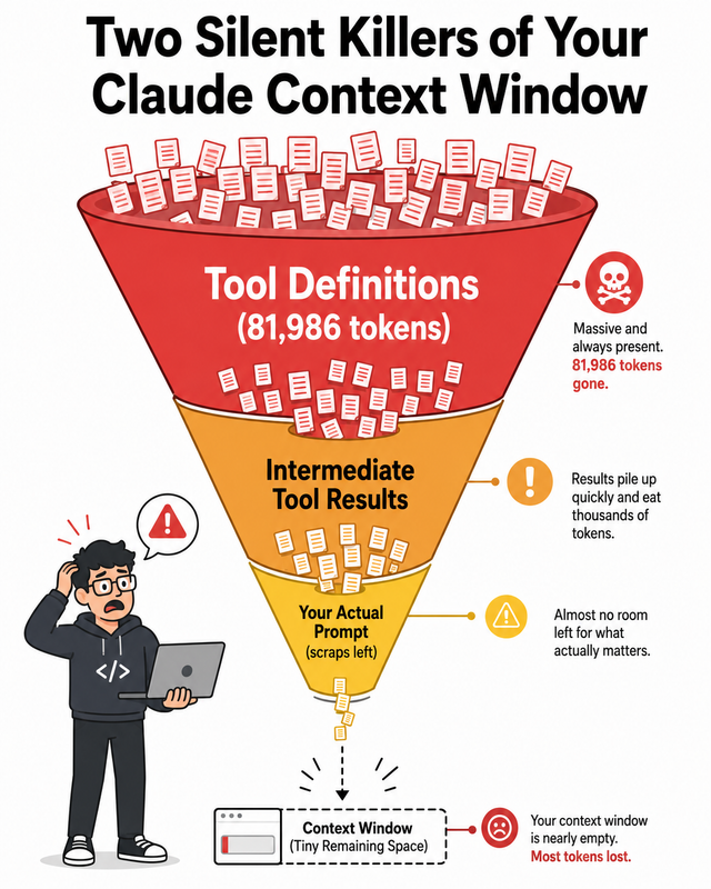 Claude MCP runaway token usage — two root causes diagram