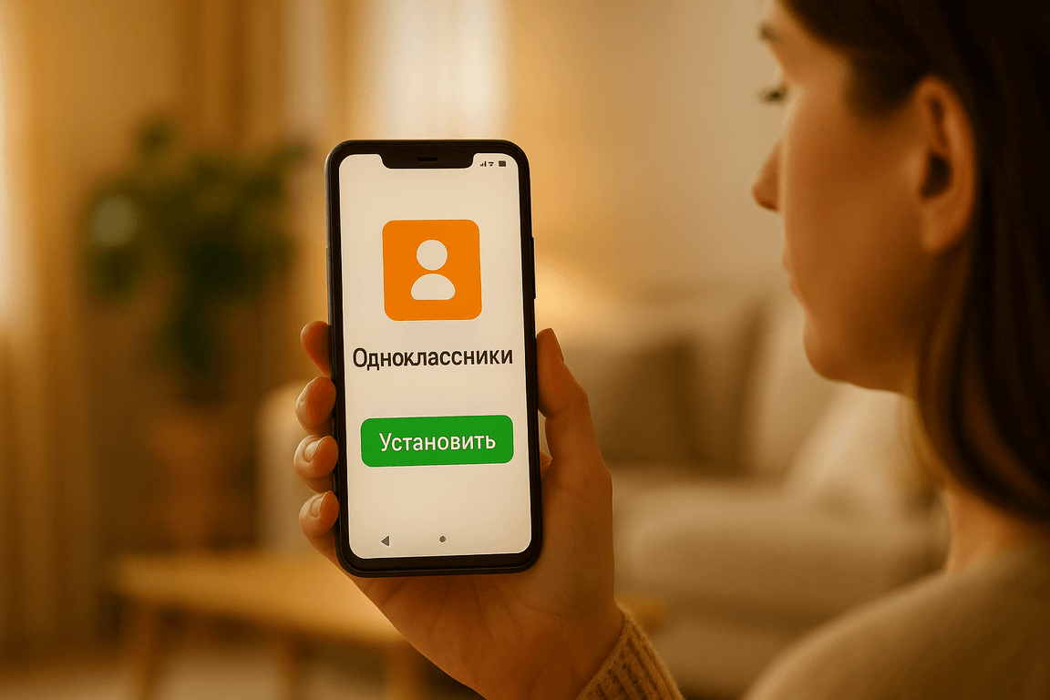 Женщина держит в руке Android смартфон, на экране приложение Одноклассники