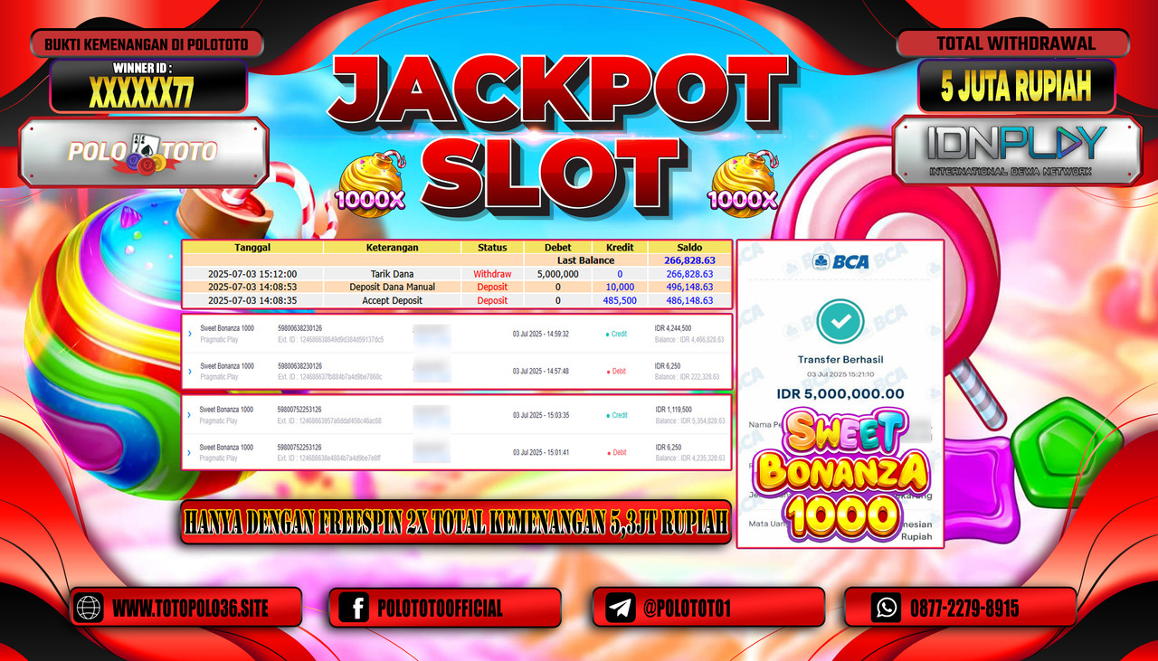 POLOTOTO JACKPOT SLOT SWEET BONANZA Rp.5.000.000,- LUNAS