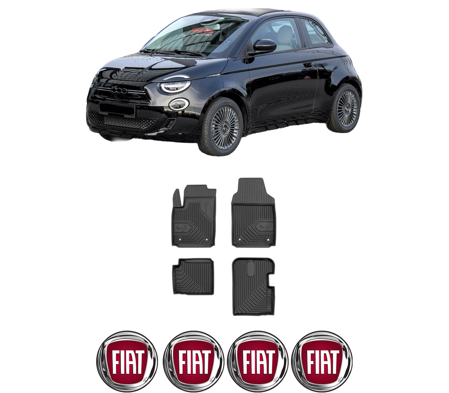 Set covorase presuri FIAT 500e (332_) din 2020, auto, din cauciuc thermoplastic, 4 Stickere auto cu FIAT