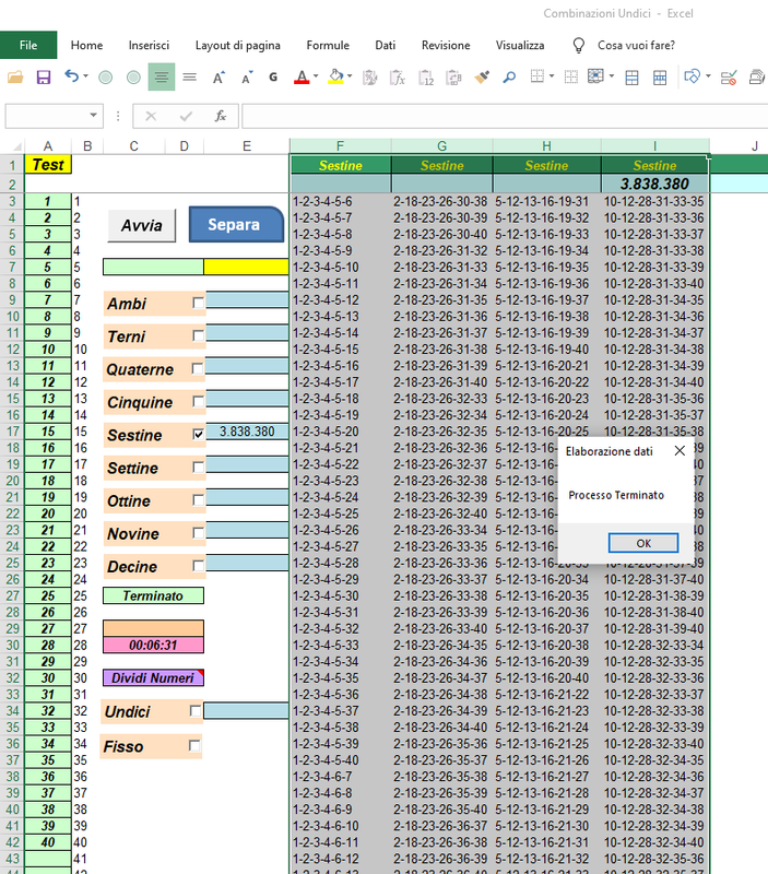 Combinazioni di numeri in sestine ordinate in colonne - By Sal Excel & VBA