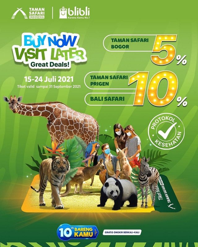 Promo diskon tiket masuk Taman Safari Prigen yang berlangsung dari tanggal 15-24 Juli 2021.