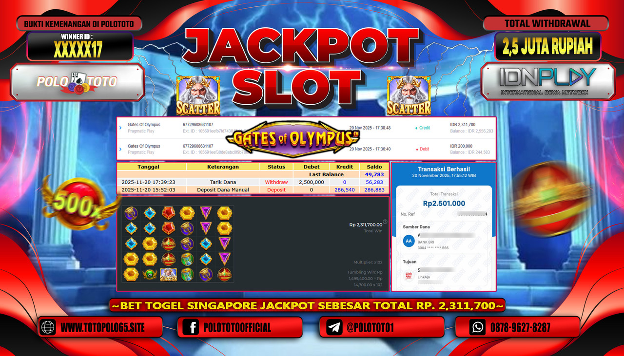 POLOTOTO JACKPOT SLOT GATES OF OLYMPUS Rp.2.500.000,- LUNAS