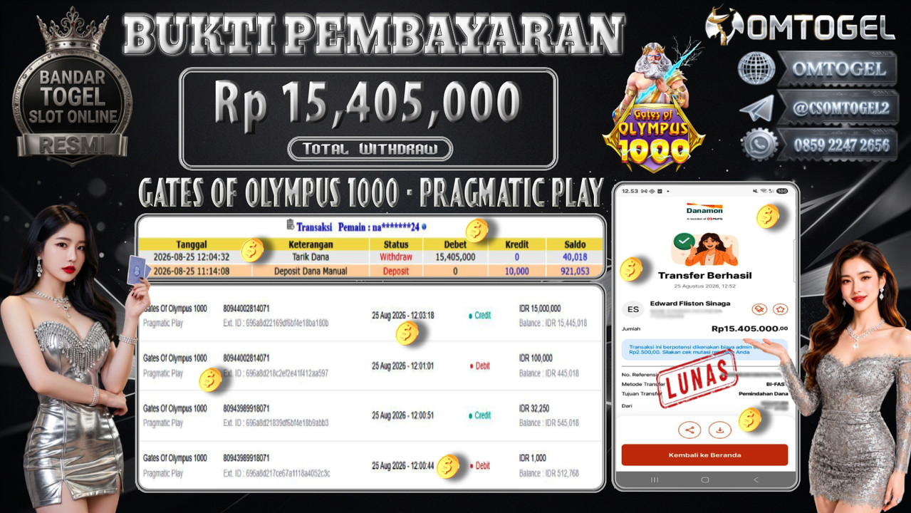 OMTOGEL JACKPOT PRAGMATIC PLAY GATES OF OLYMPUS 1000 Rp,15,405,000,- DIBAYAR LUNAS