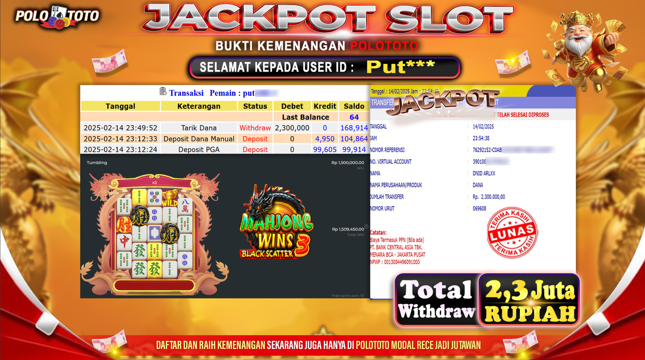 POLOTOTO JACKPOT SLOT MAHJONG WINS BLACK SCATTER 3 Rp.2.300.000,-