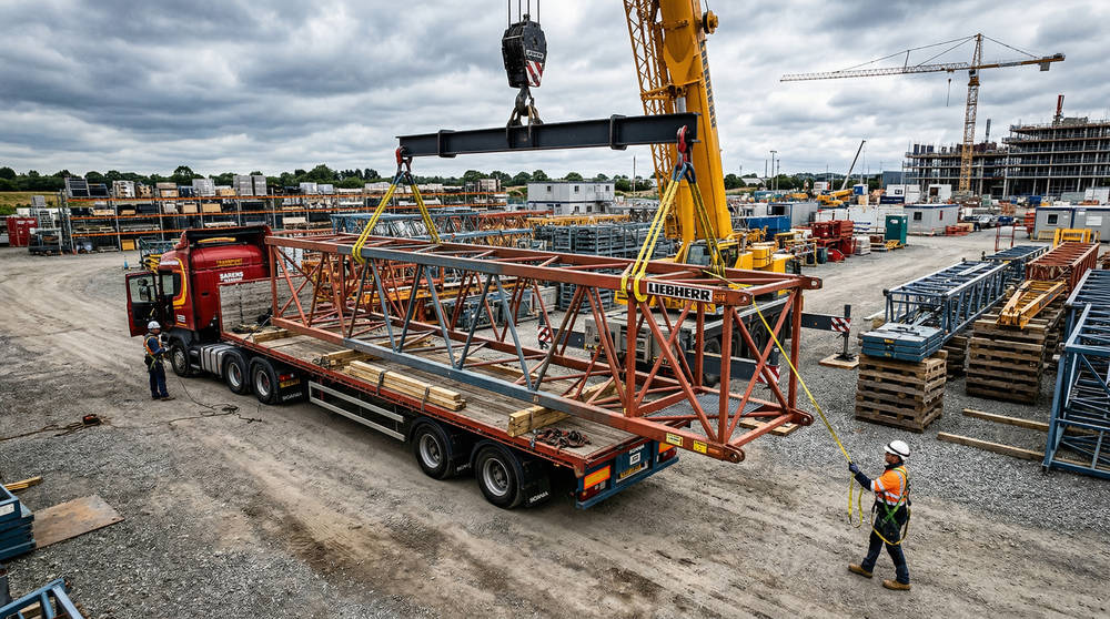 Разгрузка секций башни крана с грузового автомобиля на строительной площадке, пример эффективной логистики и подготовки к монтажу оборудования
