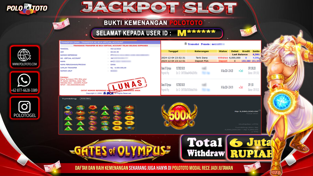POLOTOTO JACKPOT SLOT GATES OF OLYMPUS Rp.6,000.000,-