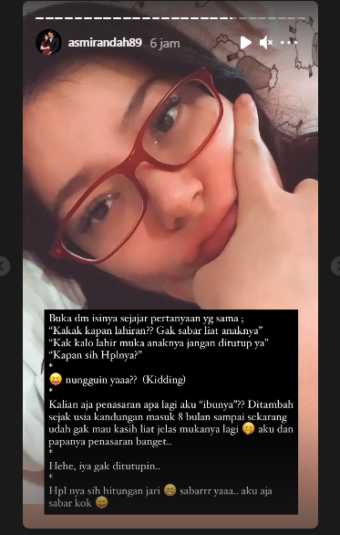 Asmirandah menunggu kelahiran calon buah hatinya.