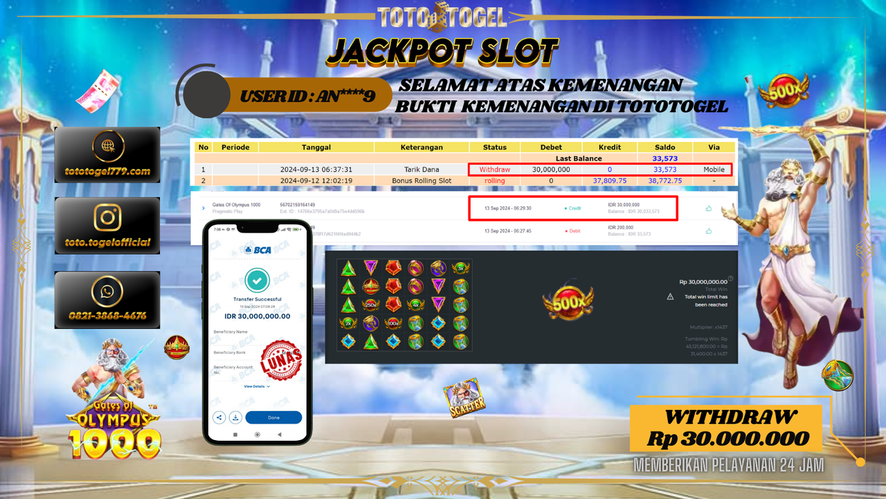 Bukti Kemenangan Permainan Slot Gates Of Olympus 1000  Dengan ID : AN****9 Terbayar Lunas!!