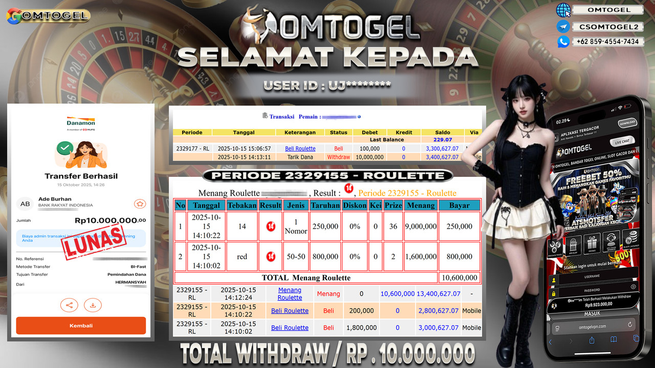 OMTOGEL JACKPOT LIVE GAMES ROULETTE 10 JUTA DI BAYAR LUNAS ,-