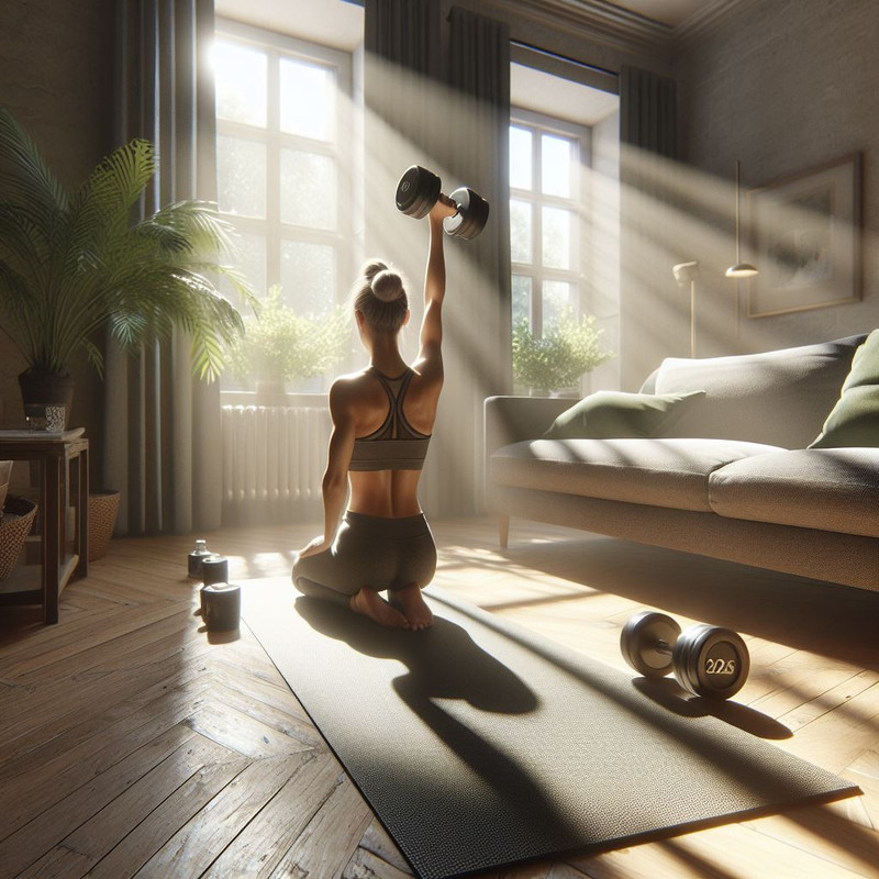 A woman in her living room performing a dumbbell overhead press