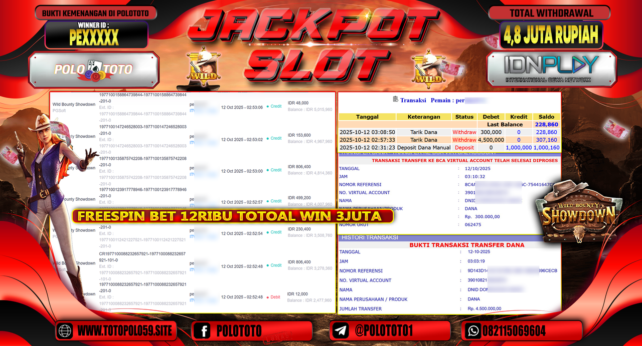 POLOTOTO JACKPOT SLOT WILD BOUNTHY SHOWDOWN Rp.4.800.000,- LUNAS