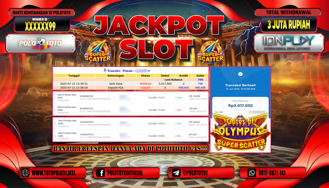 POLOTOTO JACKPOT SLOT GATES OF OLYMPUS SUPER SCATTER Rp.3.000.000,- LUNAS