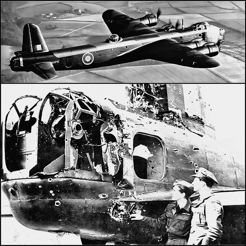 Le bombardier Short Stirling  Bombardier-Stirling-attaqu-par-un-chasseur-de-nuit-allemand-Il-a-atterri-plat-ventre-la-base