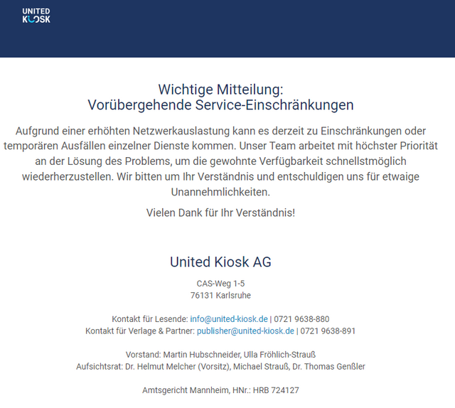 United Kiosk Webseite gestört