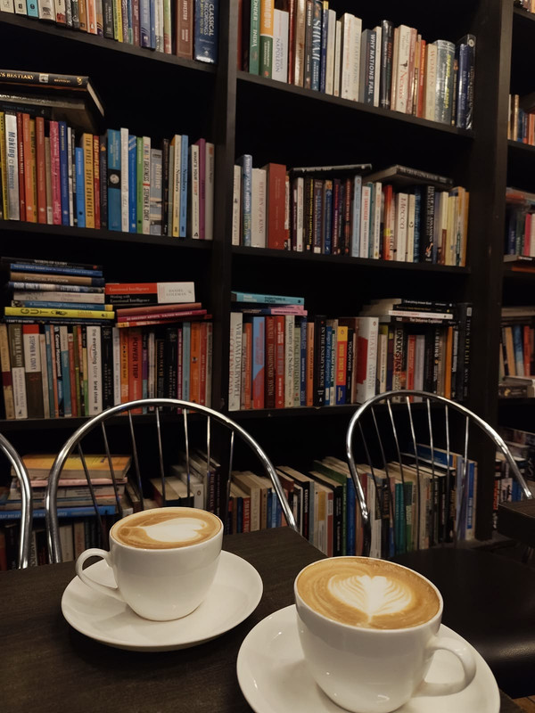 bookshelves and coffee