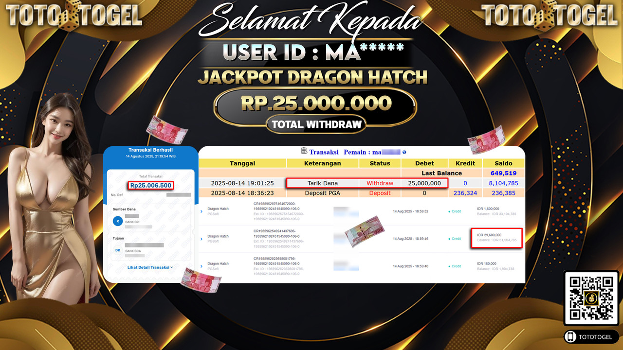 Bukti Pembayaran Jackpot Permainan Slot Dragon Hatch ID:MA***** LUNAS