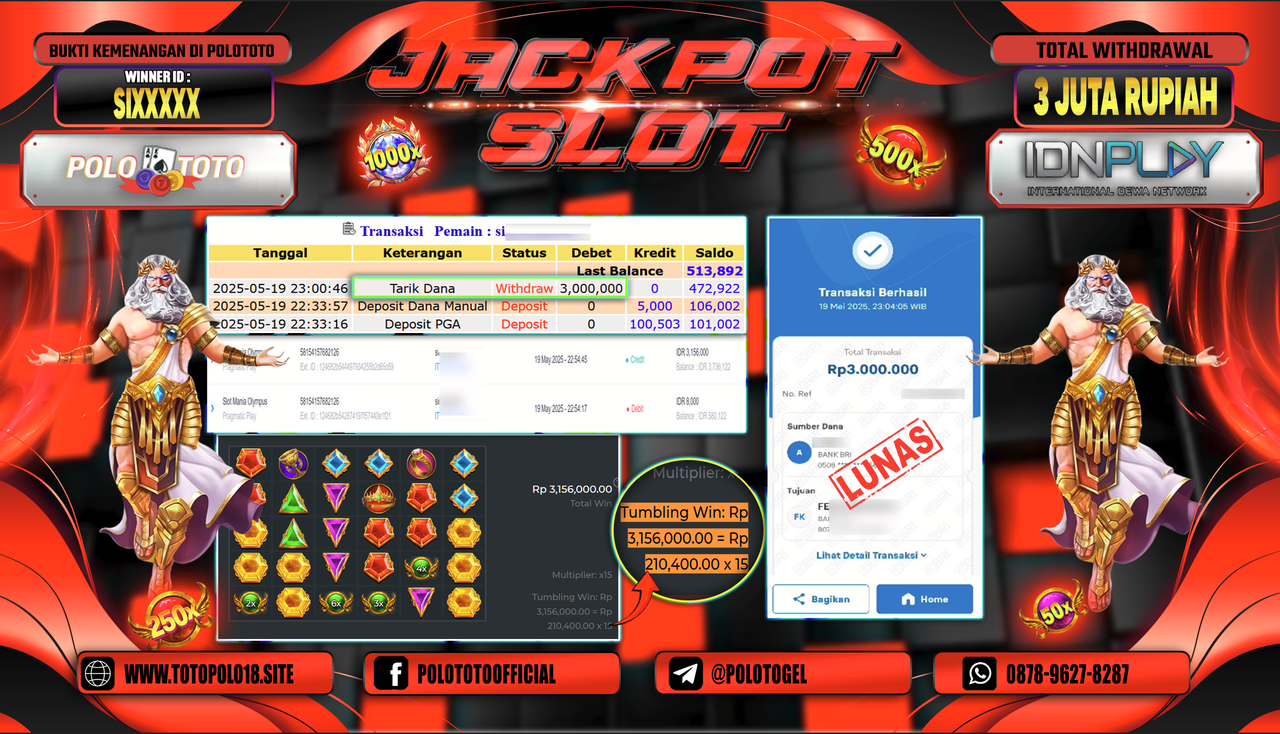 POLOTOTO JACKPOT SLOT MANIA OLYMPUS Rp.3.000.000,-